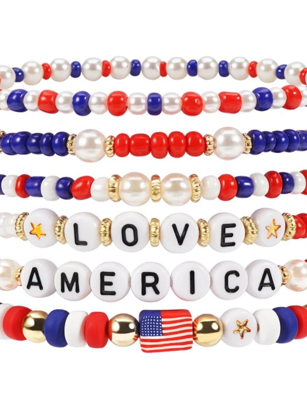 Elegant Red, White & Blue Beaded Bracelets for Memorial Day Celebrations
